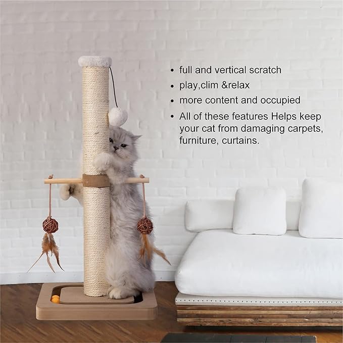 Cat Scratching Post Premium Sisal Toll Scratch Posts with Tracking Interactive Toys Vertical Scratcher for Indoor Cats and Kittens- 25 inches Beige