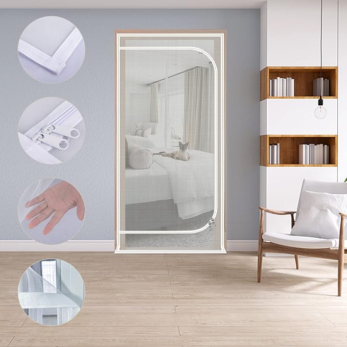 Upgraded Pet Screen Door,Fits Door Size 30''x 80'',Thickened Cat Resistant Mesh Screen Door for Living Room,Kitchen,Bedroom,Cat Proof Screen with Zipper Closure.