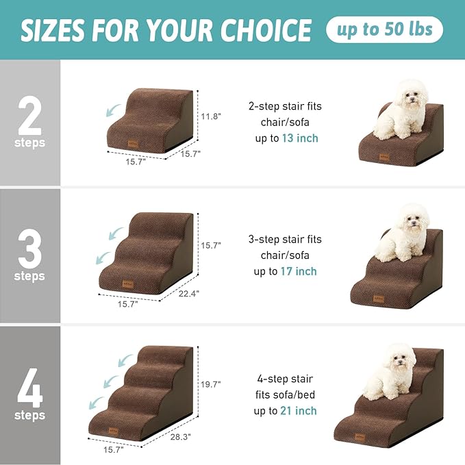 Dog Stairs for Couch or Low Bed, Small Dogs Ramp with Leakproof Fabric Cover, Foam Pet Steps for Cat and Sofa, Lightweight, Non-Slip, Durable, Comfort, 15.7x22.4x15.7in, Brown, 3 Tiers