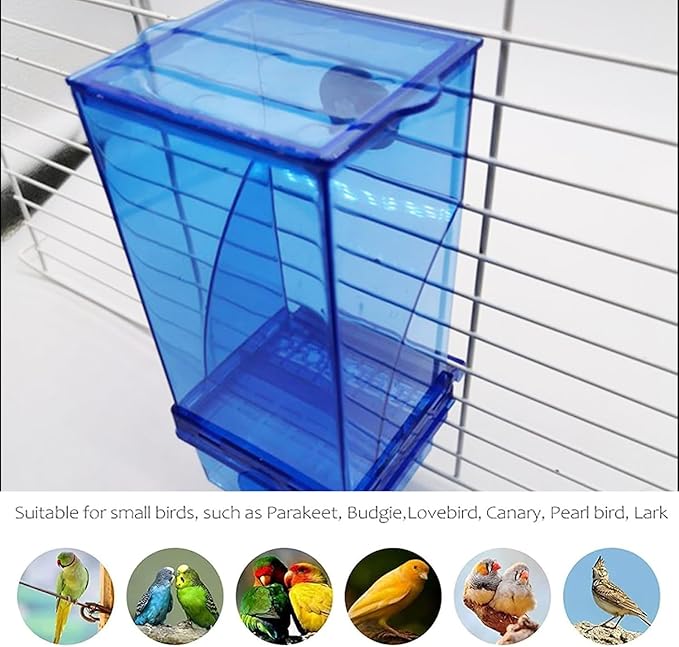 Parrot Automatic Feeder No Mess Bird Feeder Food Container Feeding Station Foraging Cage Accessories Acrylic Suitable for Parrot Cockatoo Canary Love Bird (Blue)