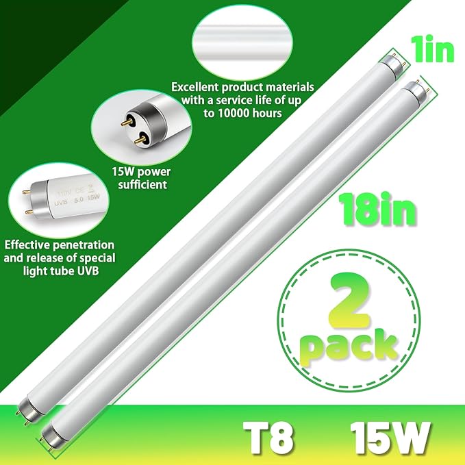 2Pack UVB Reptile Light 10.0 Bulb 15W 18inch T8,Long Service Life UVB Lamp Tube for Reptiles,Bearded Dragon,Tortoise Etc (10.0)