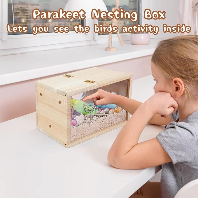 Parakeet Nesting Box Transparent Bird House for Cage Natural Wood Breeding Box for Parrot Parakeet Cockatiel Lovebirds Budgie Conure and Other Small Birds