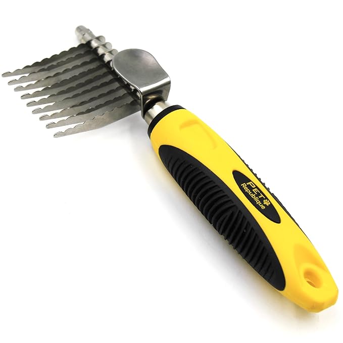 Dog Dematting Tool for Dogs and Cats - Dematting Comb Rake for Undercoat and Mat Brush - Knot Out for Dogs, Cats, Rabbits, Any Long Haired Breed Pets - Rake 9 Serration Teeth Design