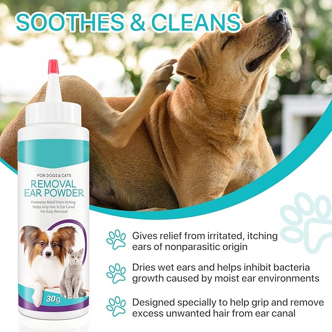 Dog Ear Cleaner, Ear Cleaning Powder for Dogs & Cats Ear Infection, Pet Ear Powder Supports Dog Ear Infection Relief, Soothes Itchy Ears & Relieve Scratching, Dog Ear Care Cleaning Powder - 30g