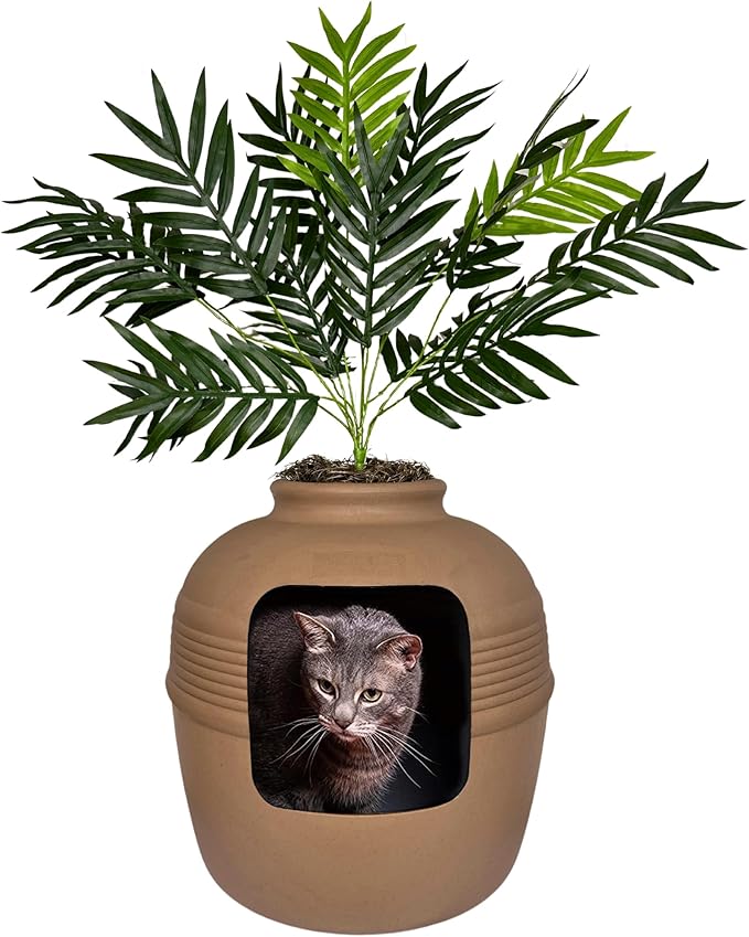 Good Pet Stuff, The Original Hidden Litter Box Base Kit, Round Enclosed Cat Litter Box Planter With Artificial Plants, Vented Carbon Odor Filter System, Florist Moss, Easy to Clean, Mocha Brown