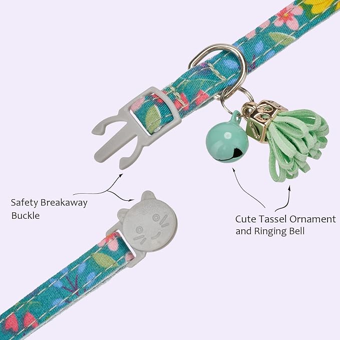 2 Pack Breakaway Cat Collars with Bell, Floral Kitten Collars with Tassel Pandent and Luminours Flower Accessory for Female Male Cats,Green