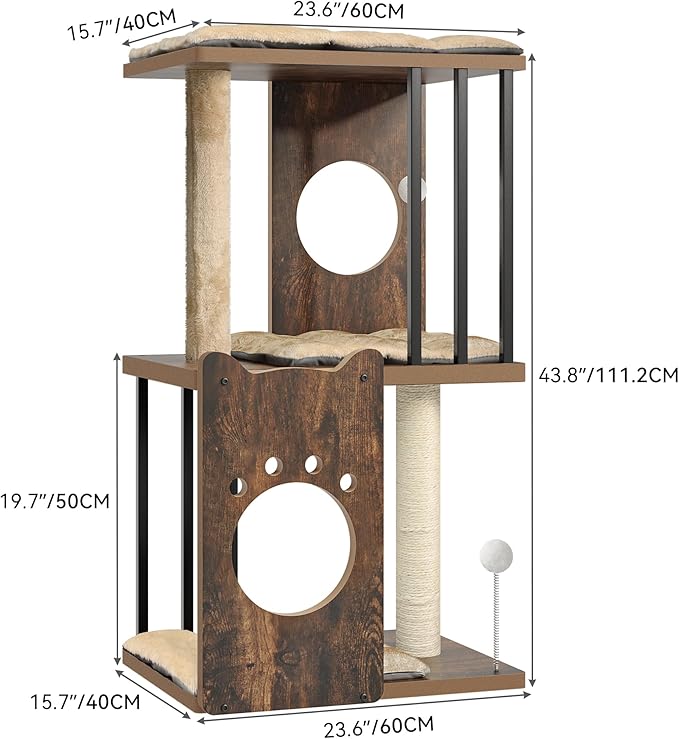 YITAHOME 43.1in 3-Level Modern Cat Tree for Large Indoor Cats, Wooden Cat Tower with Scratching Posts, Detachable Cushions, Spring Ball, Pom-pom, Rustic Brown