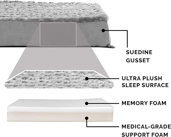 Furhaven Memory Foam Dog Bed for Large Dogs w/ Removable Washable Cover, For Dogs Up to 95 lbs - Ultra Plush Faux Fur & Suede Mattress - Gray, Jumbo/XL