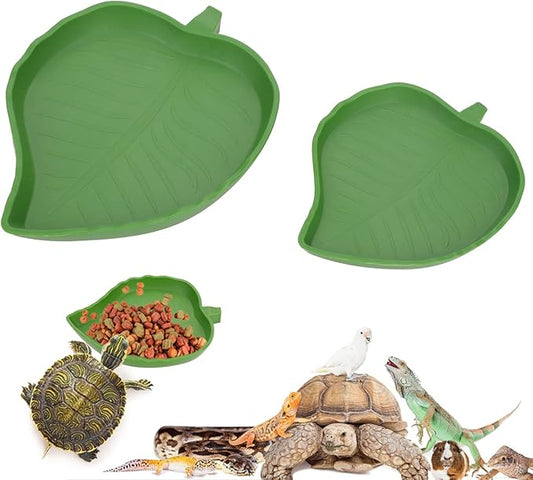 Reptile Leaf Food Water Bowl, 2 Pieces Reptile Leaf Shape Dish Flat Drinking Bowl Water Plate for Turtle Lizards, Hamsters, Snakes 2 Sizes