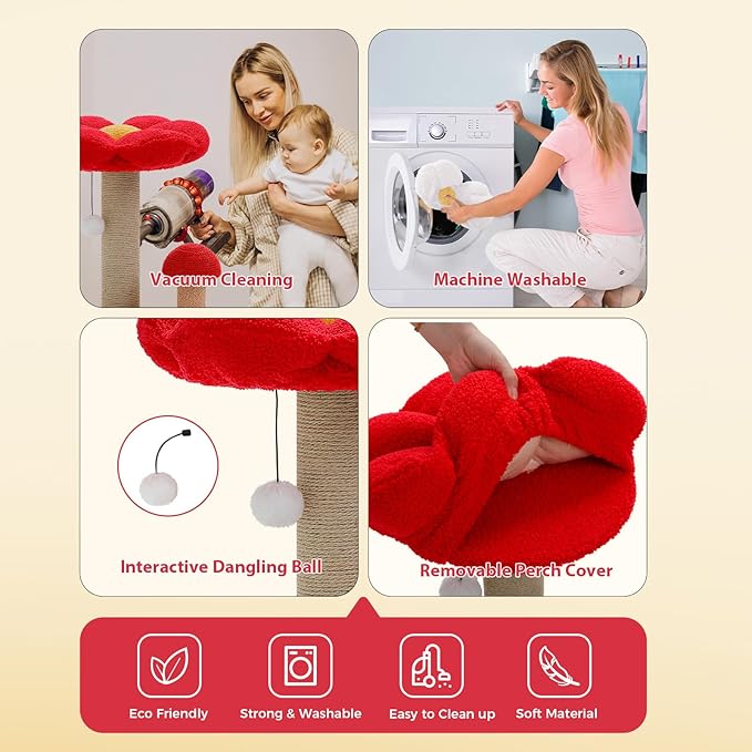 PETEPELA Flower Cat Scratching Post, Mushroom Cat Scratcher Cute with Thick Scratching Post & Removable Flower Large Cat Bed [Dia=15.7''], Tall Cat Post for Kittens and Indoor Small Cats