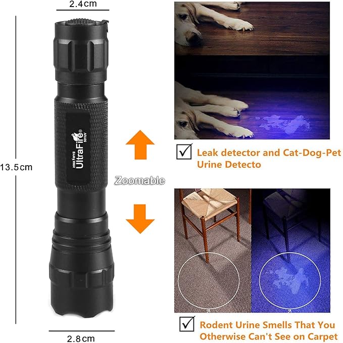 ULTRAFIRE 501B UV Flashlight Adjustable Focus 395nm Ultraviolet Black Light Mini Flashlight,Pet Urine Detector for Resin Curing, Dry Stain, Scorpion and Bed Bug UV Torch