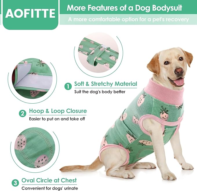 AOFITEE Dog Recovery Suit, Dog Surgical Recovery Suit for Female Dogs Male Dogs, Cozy Dog Onesie for Surgery, Cone E-Collar Alternative, Anti Licking Dog Surgical Shirt with Pee Hole, Strawberry L