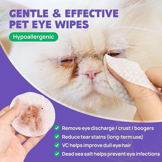 HICC PET Eyes Wipes for Dogs & Cats - Gently Remove Tear Stain, Eye Debris, Discharge, Mucus Secretions - Coconut Oil Pet Cleaning Grooming Deodorizing Wipes for Eyes, Wrinkle, Face