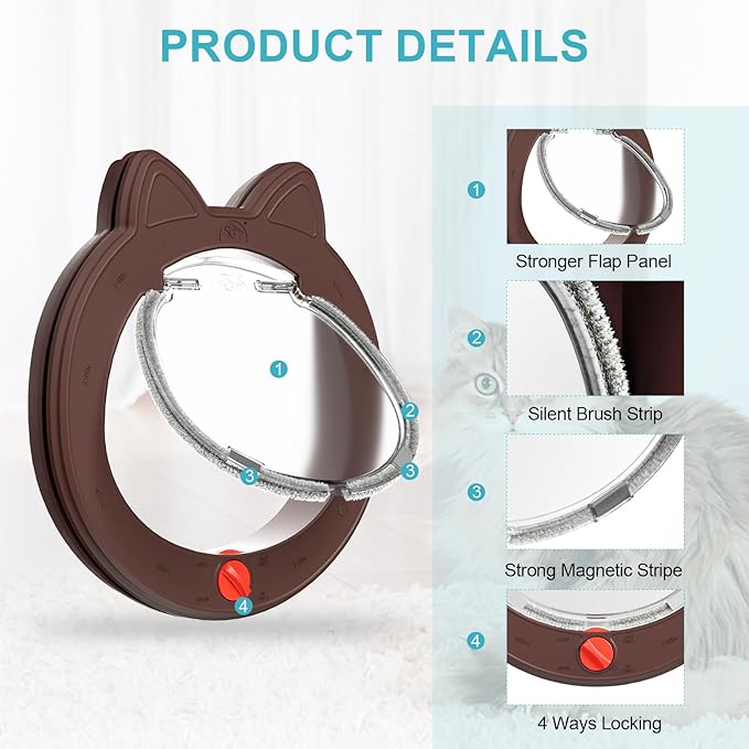 Pet Door, Cat Door for Interior Exterior Doors, 7.5" x 7.5" Inner Frame, 4-Way Locks, for Cats and Small Dogs, Easy to Install, Suitable for Interior and Exterior Doors, Coffee