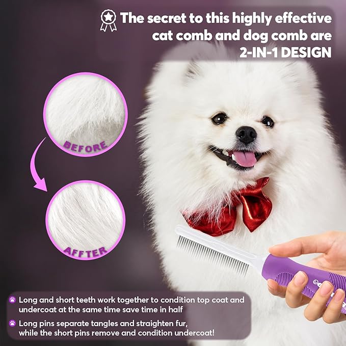 Grooming Comb for Dogs and Cats with Matted Hair, Detangling Pet Comb with Long and Short Stainless Steel Metal Fine Teeth for Removing Mats, Tangles, Knots & Loose Fur from The Undercoat