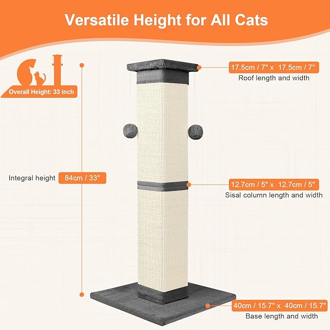 Cat Scratching Post 33 Inch Nature Sisal Cat Scratch Post for Indoor Cats, Large Cat Scratcher Protect Your Furniture, for All Breeds Grey
