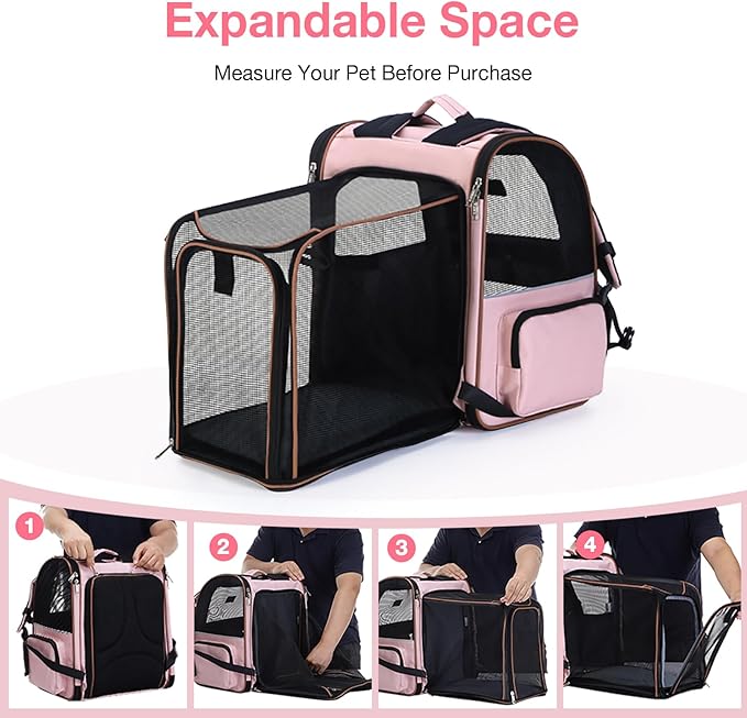 Lekebobor Extra Large Cat Backpack Carrier Expandable Pet Carrier Backpack for Small Dogs Medium Cats Fit Up to 18 Lbs, Dog Backpack Carrier, Foldable Puppy Backpack Carrier for Travel, Hiking,Pink