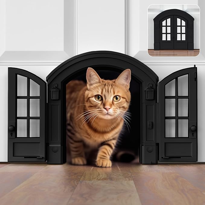 Purrfect Portal French Cat Door - Stylish No-Flap Cat Door Interior Door for Average-Sized Cats Up to 20 lbs, Easy DIY Setup, Secured Installation in Minutes, No Training Needed, 7.13 x 8.32”