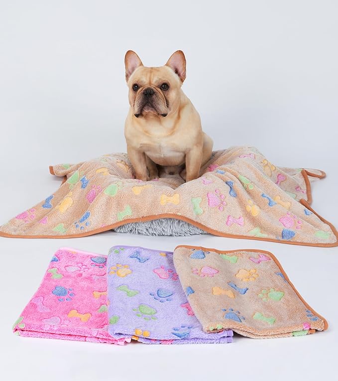 1 Pack 3 Blankets Super Soft Fluffy Cute Bone Pattern Pet Blanket Flannel Throw for Dog Puppy Cat Pink/Brown/Purple Medium