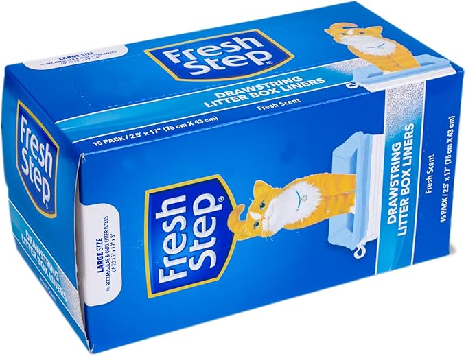 Fresh Step Drawstring Cat Litter Box Liners, Fresh Scent, Size Large, 30" x 17" | Kitty Litter Bags - 15 Count - Cat Litter Liners for Rectangle or Oval Litterboxes