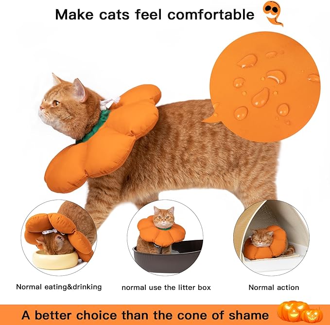 Cat Cone Collar,Cute Waterproof Cat Recovery Collar,Anti-Bite Lick Wound Healing Safety Elizabethan e Collar for Cats,Orange Pumpkin Cat Halloween Costume