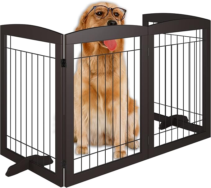 Folding Pet Gate 96" Wide, 30" Tall No-Assembly Wooden Dog Gate, Freestanding Wire Pet Gate, Pet Puppy Safety Fence, with 2PCS Support - Espresso