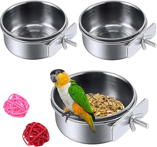 HERCOCCI Bird Feeder Dish Cup, Stainless Steel Parrot Food Bowl Feeding Coop Cups Clamp Holder, Bird Water Cage Bowl for Parakeet Lovebird Conure Cockatiel Budgie Chinchilla (5 Pieces)