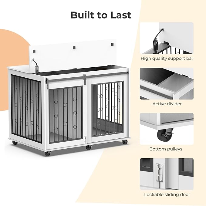 Furniture Style Dog Crate End Table with Sliding Barn Door, Indoor Dog Kennel Furniture with Removable Divider for 2 Small to Medium Pets, White, 43.7''W × 29.9''D × 31.2''H
