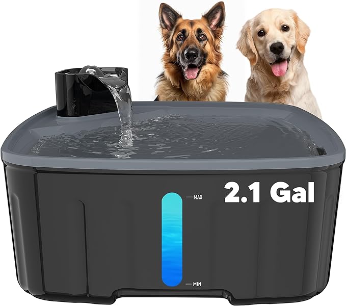 Dog Water Fountain for Large Dogs, 2.1GAL/8L/270oz Large Dog Water Fountain for Dogs Inside w/Water Level Window and LED Shortage Reminder, Ultra-Quiet Pump Dog Fountain for Multiple Pets