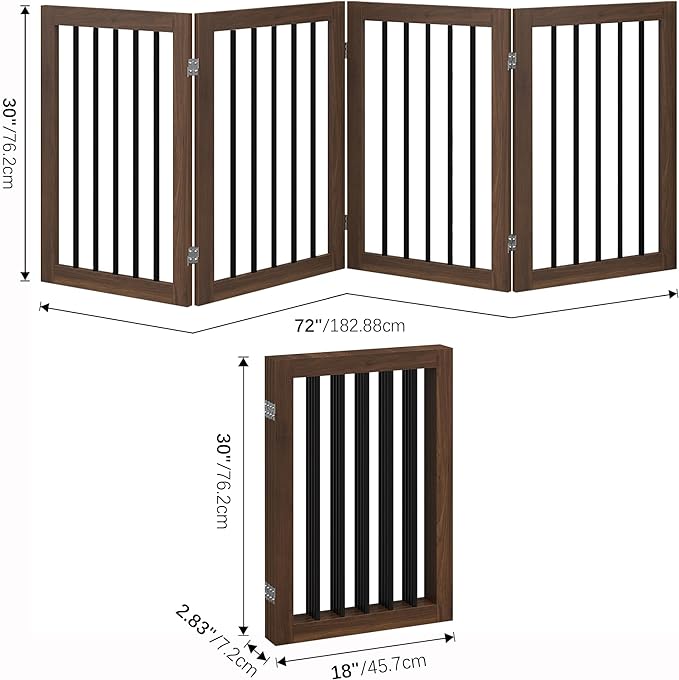 Folding Pet Gate 72" Wide, 30" Tall No-Assembly Wooden Dog Gate, Freestanding Pet Gate, Pet Puppy Safety Fence - Brown