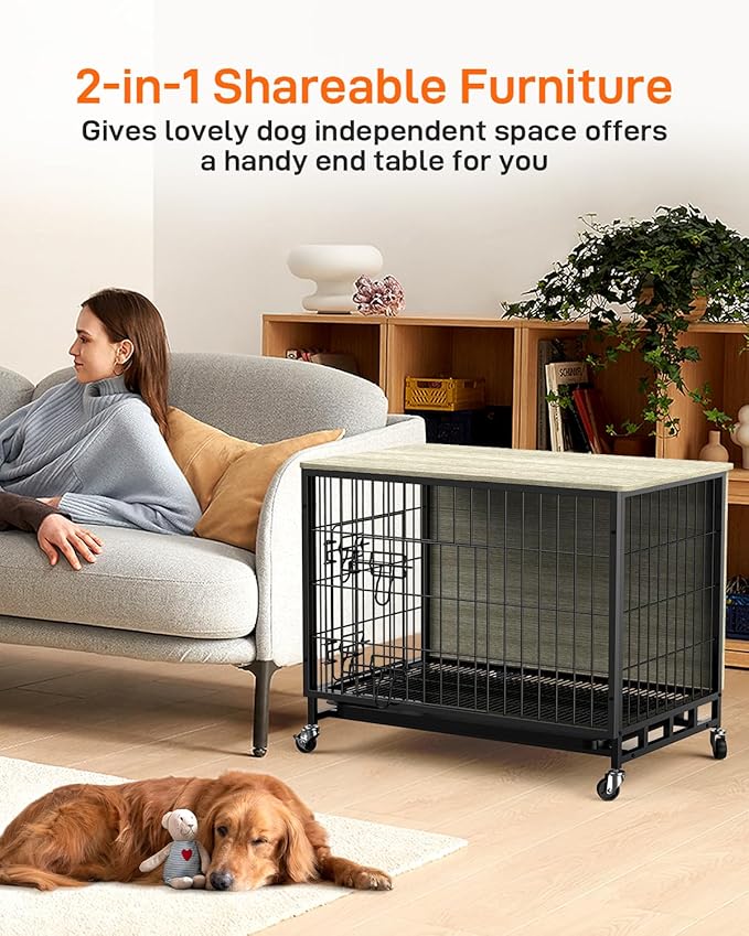 Dog Crate Furniture, 2024 Deluxe Wooden Dog Kennel with Removable Tray and Wheels, Heavy-Duty Double-Doors 27.2" Dog Cage End Table, Indoor Dog House for Large Dogs (Grey & Black, Small)