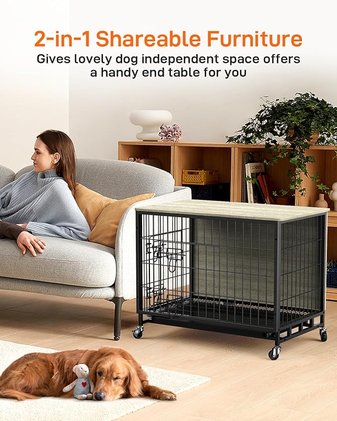 Dog Crate Furniture, 2024 Deluxe Wooden Dog Kennel with Removable Tray and Wheels, Heavy-Duty Double-Doors 32.5" Dog Cage End Table, Indoor Dog House for Large Dogs (Grey & Black, Medium)
