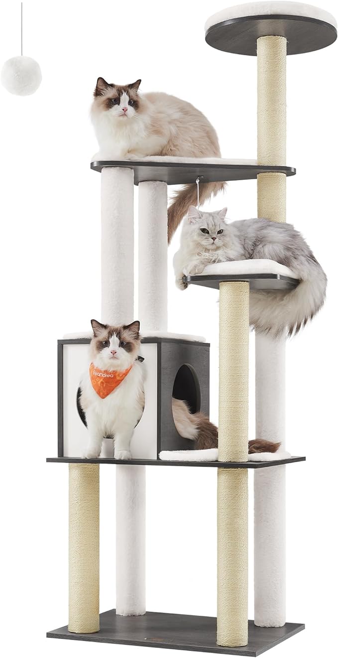 Feandrea WoodyWonders Cat Tree, 65-Inch Modern Cat Tower for Indoor Cats, Multi-Level Cat Condo with 5 Scratching Posts, Perch, Washable Removable Cushions, Cat Furniture, Misty Gray UPCT166G03