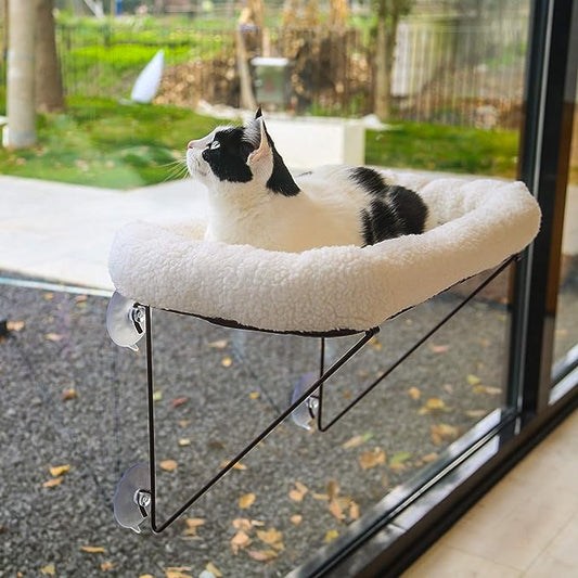 Cat Window Perch - 100% Metal Supported from below - Comes with Warm Spacious Pet Bed - Cat Window Hammock for Large Cats & Kittens - for Sunbathing, Napping & Overlooking (White)