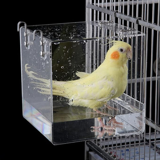 Hanging Bird Bath Cube Bird Bathtub Bath Shower Box Bowl Cage Accessory for Little Bird Canary Budgerigar Parrots Crested Myna Cockatiel Lovebird Parakeet Bath (Small)