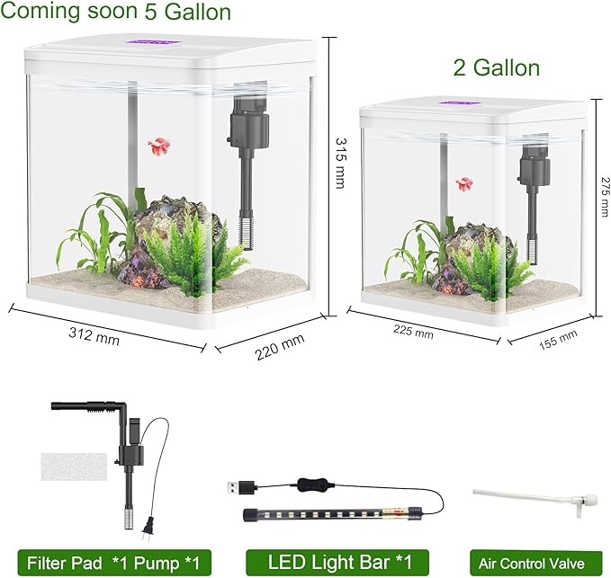 Small Fish Tank with Filter and Light, 2 Gallon Aquarium Starter Kits，Self-Cleaning Fish Tank.