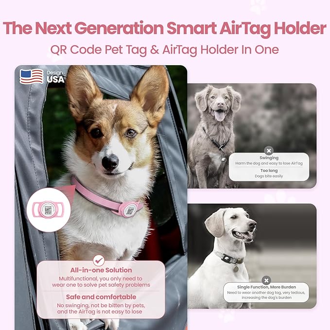 AirTag Dog Collar Holder, Smart QR Code AirTag Holder for Cats and Dogs - Scan Alert | Instant Location | Pet Online Profile | Contacts Info | Pet APP Remote Control (1 Pack, Pink)