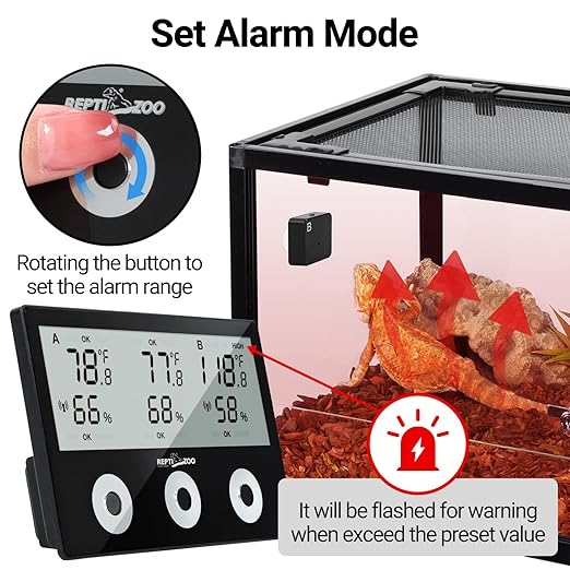REPTI ZOO 3-Channels Reptile Thermometer Humidity Gauge, Wireless Digital Thermometer Hygrometer for Reptile Tank, Hygrometer Thermometer Monitor with Alarm Function Large Screen Display