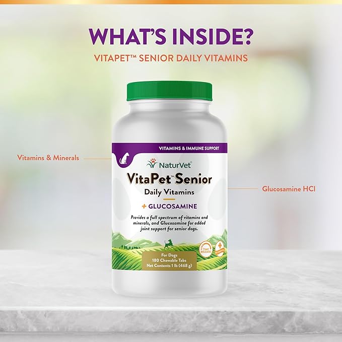 NaturVet VitaPet Senior Daily Vitamins Plus Glucosamine, Dog Multivitamin Supplement, Chewable Tablets, Time Release, Made in The USA with Globally Source Ingredients 180 Count