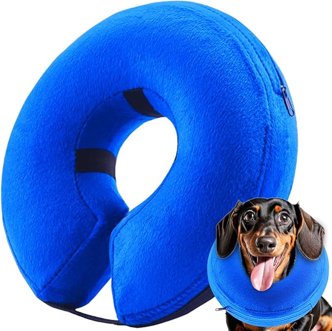 Inflatable Dog Cone Collar (M Size), Soft Blow-up Protective Recovery Dog Collar, Pet Donut Cone Collar, Comfy Elizabethan Collar After Surgery for Medium Dog to Prevent Biting, Blue