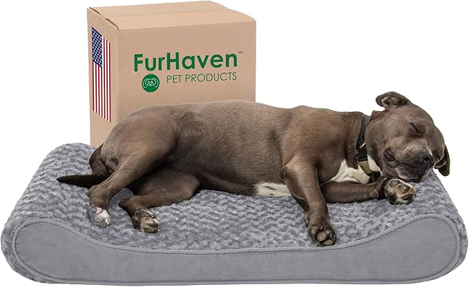 Furhaven Orthopedic Dog Bed for Large/Medium Dogs w/ Removable Washable Cover, For Dogs Up to 38 lbs - Ultra Plush Faux Fur & Suede Luxe Lounger Contour Mattress - Gray, Large