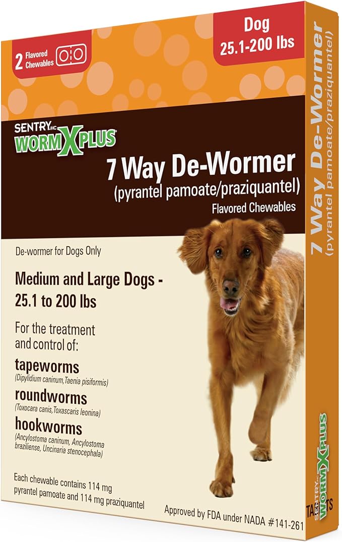 SENTRY HC WORM X PLUS 7 Way De-Wormer (pyrantel pamoate/praziquantel), for Medium and Large Dogs over 25 lbs, 2 Count