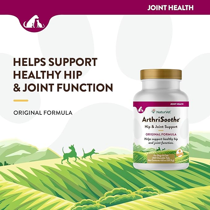 NaturVet ArthriSoothe Hip & Joint Formula Pet Supplement for Dogs & Cats – Includes Glucosamine, MSM, Chondroitin, Boswellia, Green Lipped Mussel – Supports HIPS, Joints – 250 Ct.