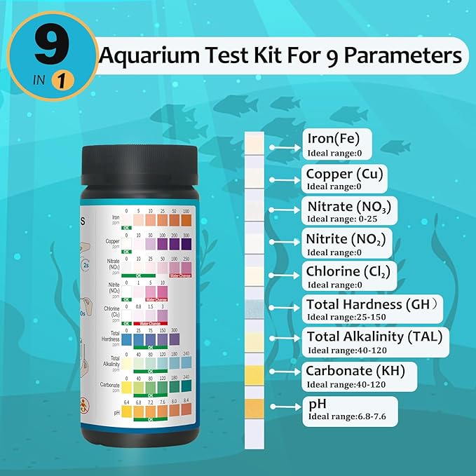 9-in-1 Water Testing Kit Aquarium,100 Strips Aquarium Water Test Strips,Freshwater Saltwater Fish Tank & Pond Fast & Accutate Testing for pH, Hardness, Chlorine, Nitrite,and More