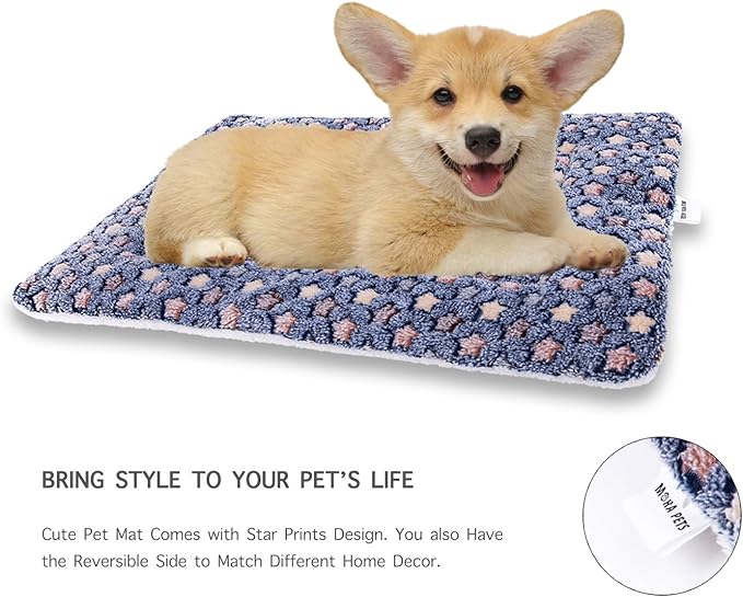 Mora Pets Dog Bed Crate Pad Ultra Soft Pet Bed with Cute Star Print Washable Crate Mat for Large Medium Small Dogs Reversible Fleece Dog Crate Kennel Mat Cat Bed Liner 21 x 12 inch Dark Blue