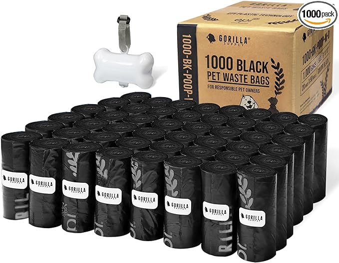 GORILLA SUPPLY Dog Poop Waste Bags with Dispenser and Leash Tie, 9" x 13", Black, 1000 Count
