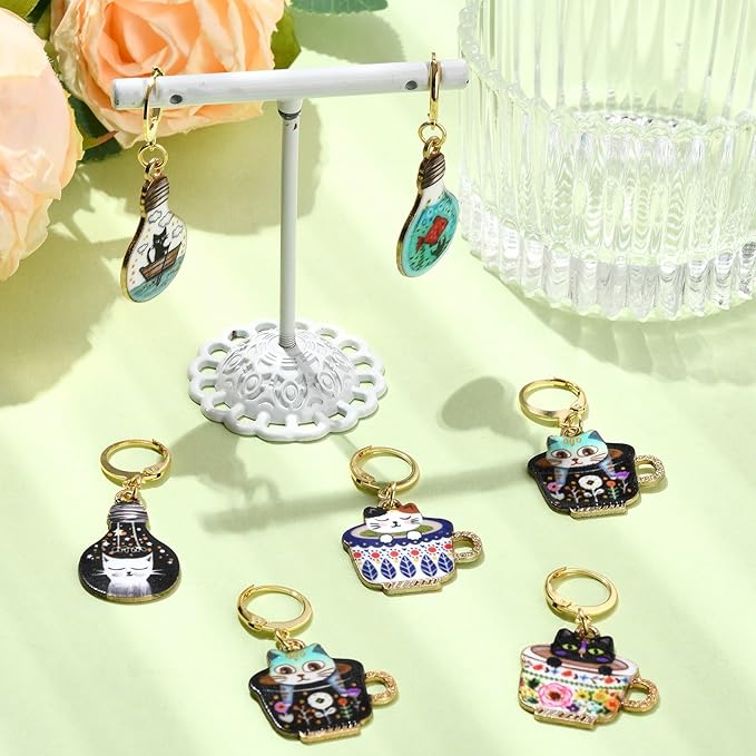 KitBeads 12 Sets 6 Styles Enamel Cat Stitch Markers Colorful Kitten Fish Charms Cute Cup Animal Stitch Marker Charms for Jewelry Making Bulk