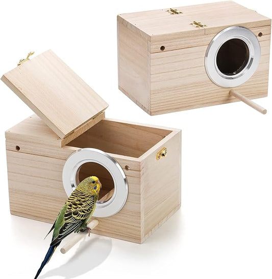 2 Pack Parakeet Nest Box, Natural Wood Bird Nesting Box, Small Bird House Breeding Box for Budgie Lovebirds, Cockatiel, Parrots Mating, Aviary, 7.7×4.7×4.7 Inches