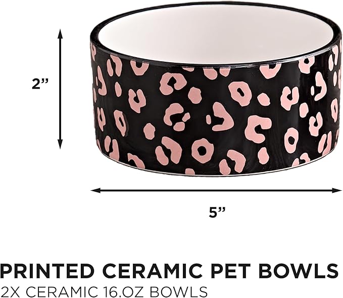 Juicy Couture Give Me Treats Pet Bowl Set - Black Leopard 16 oz - Ceramic Set of 2 Bowls