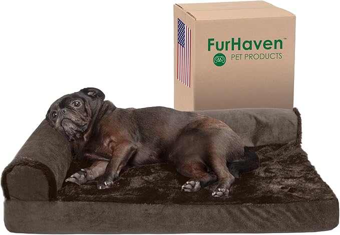 Furhaven Cooling Gel Dog Bed for Medium/Small Dogs w/ Removable Bolsters & Washable Cover, For Dogs Up to 35 lbs - Plush & Velvet L Shaped Chaise - Sable Brown, Medium